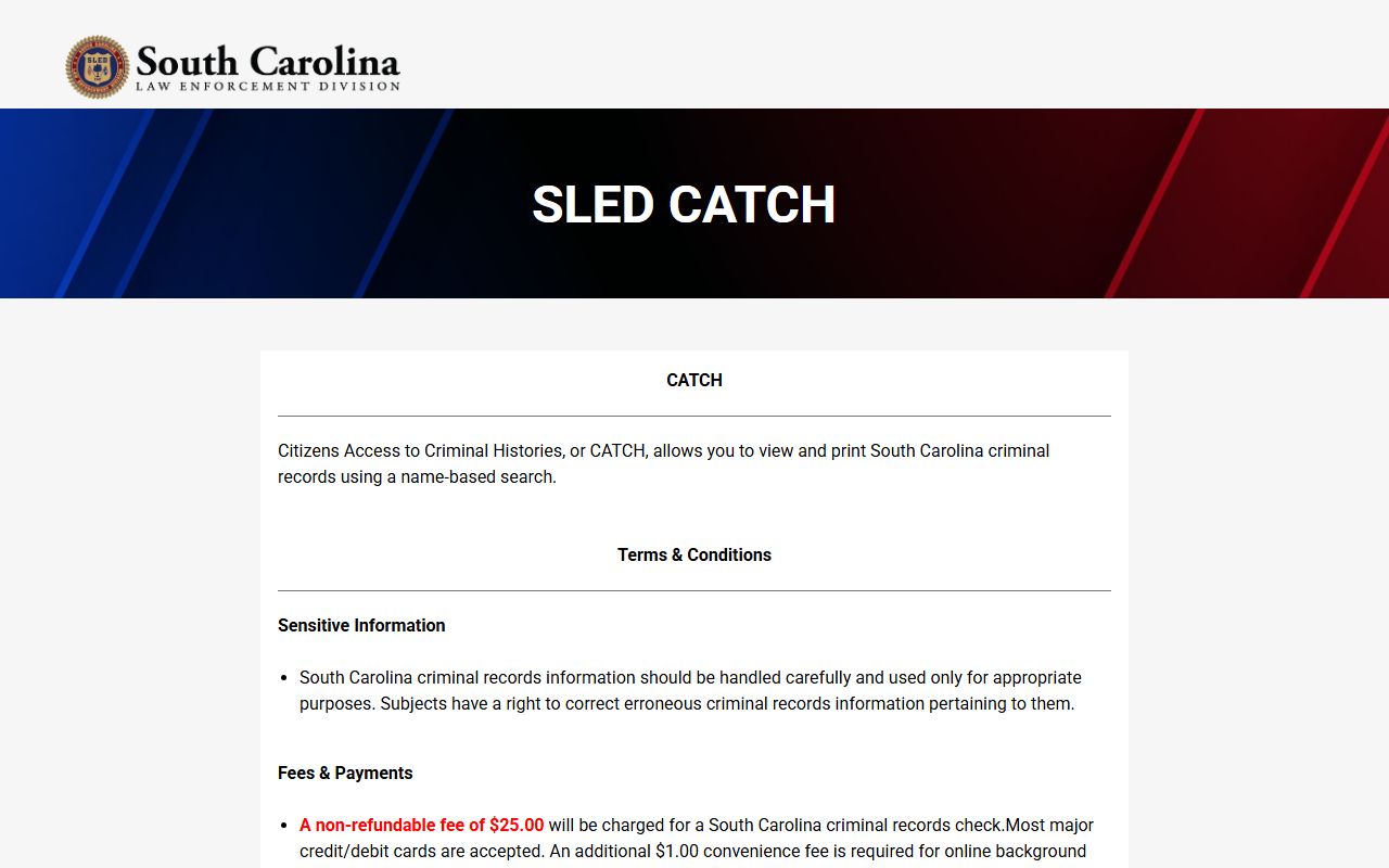 SLED CATCH criminal history search