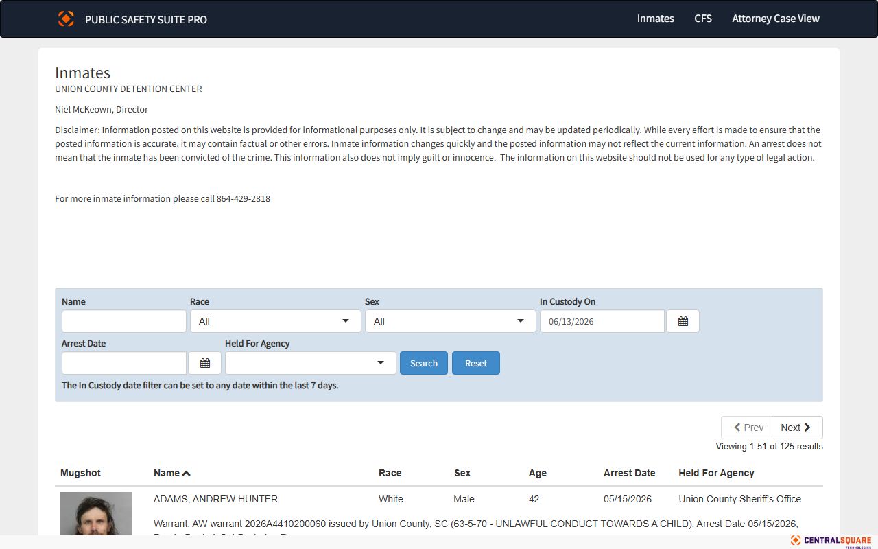 Union County inmate records jail roster portal