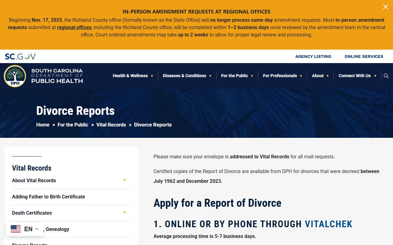 Union County divorce records South Carolina DPH divorce reports