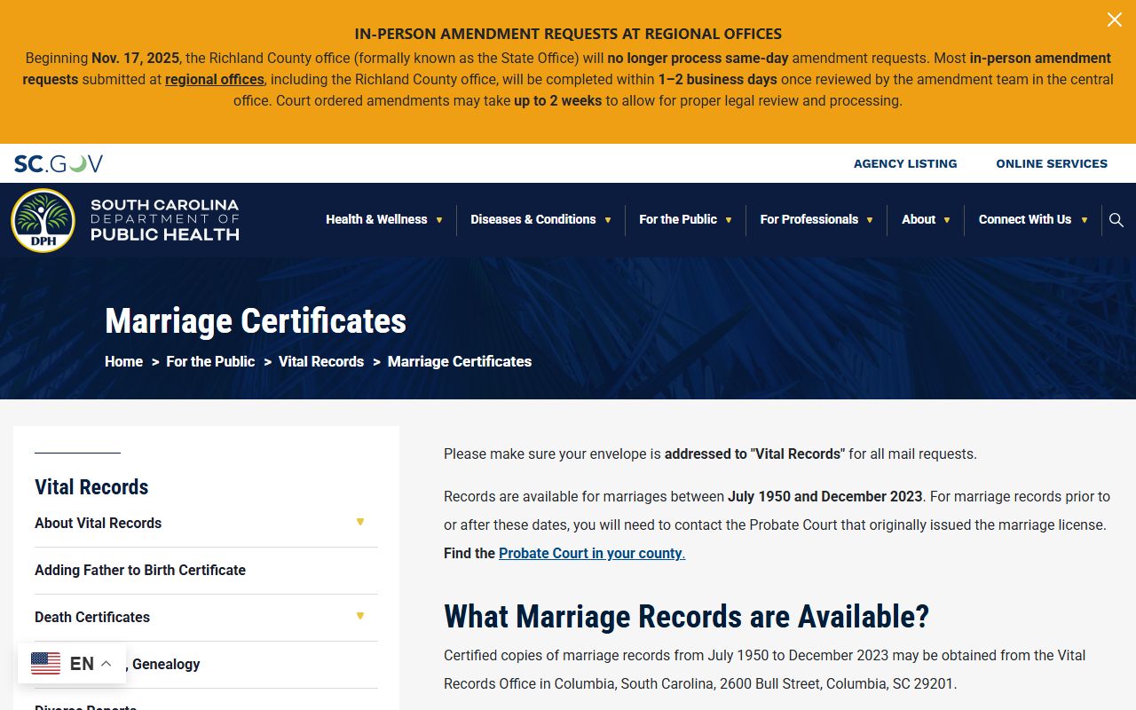 Union County marriage records South Carolina DPH certificate information
