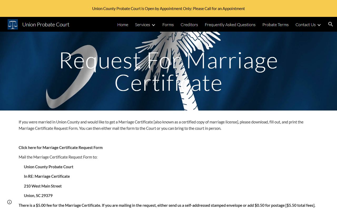 Union County marriage records certificate copy request page