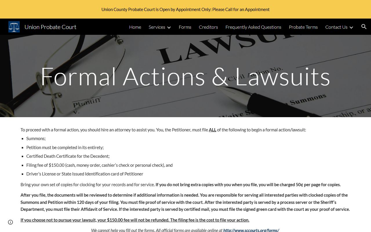 Union County probate records formal action filing requirements