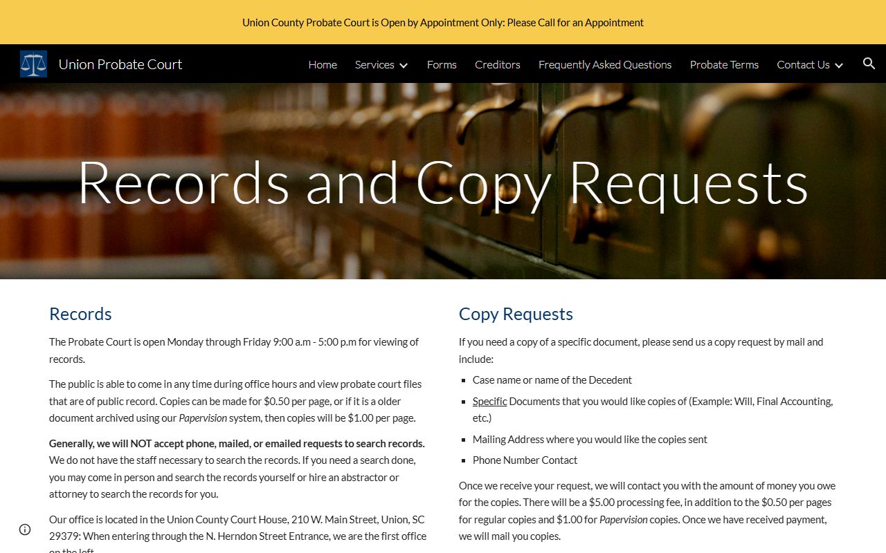 Union County probate records and copy request instructions