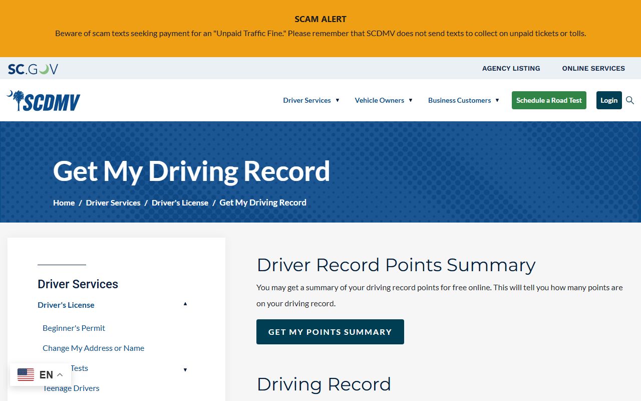 Union County traffic court records SCDMV driving record page