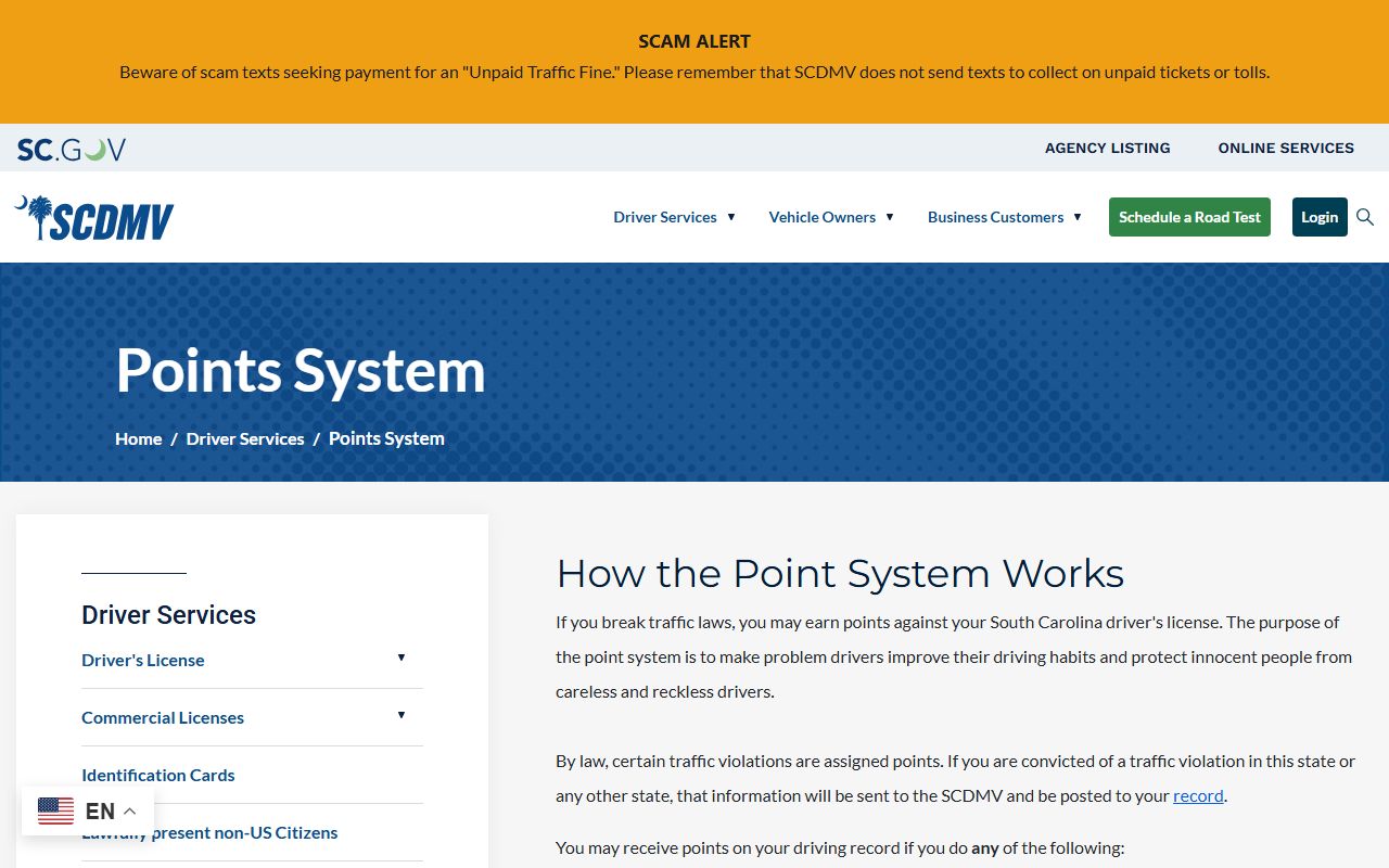 Union County traffic court records SCDMV points system